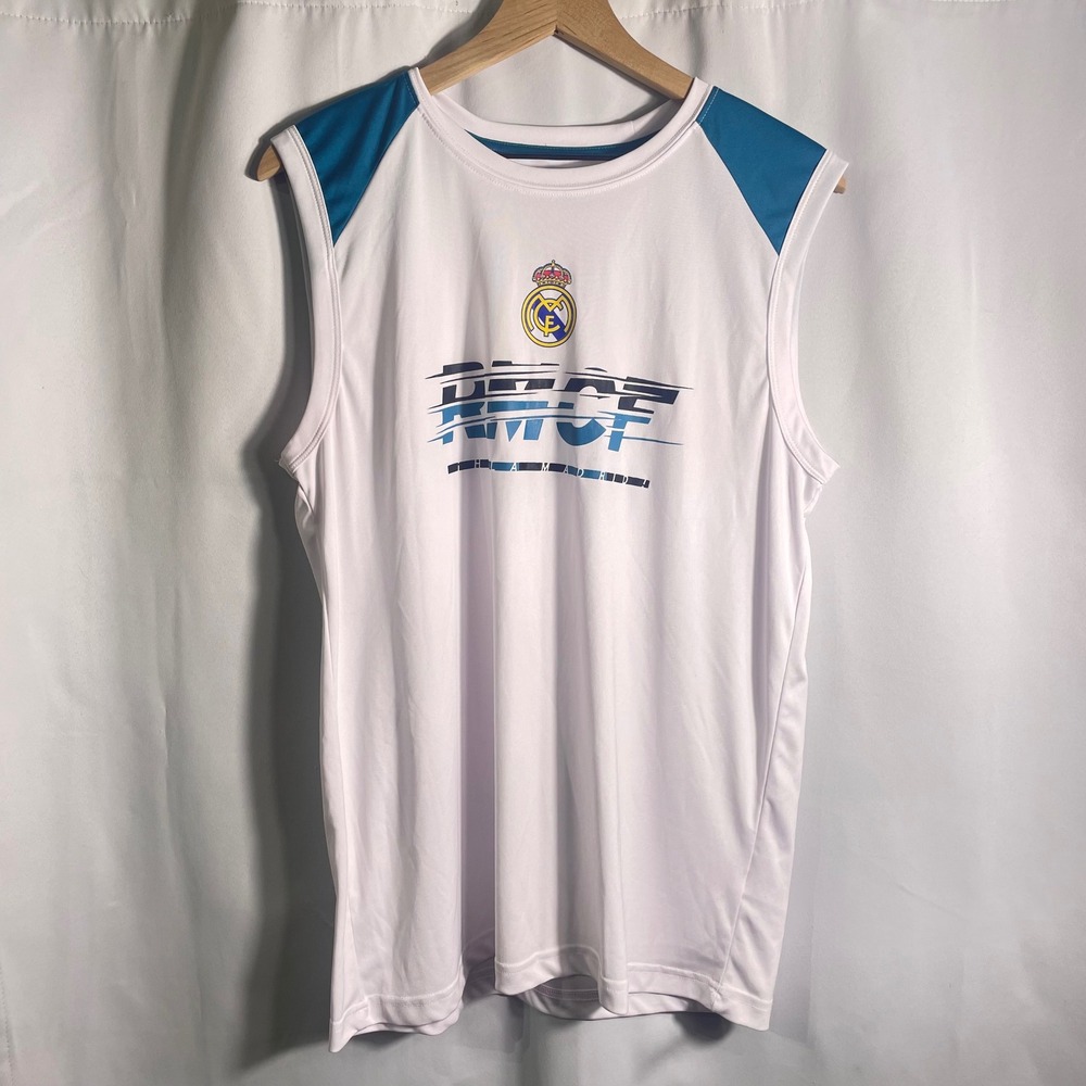 Real Madrid Sleeveless Jersey Tank Top Soccer Football‎ L/G White Teal RMCF EUC